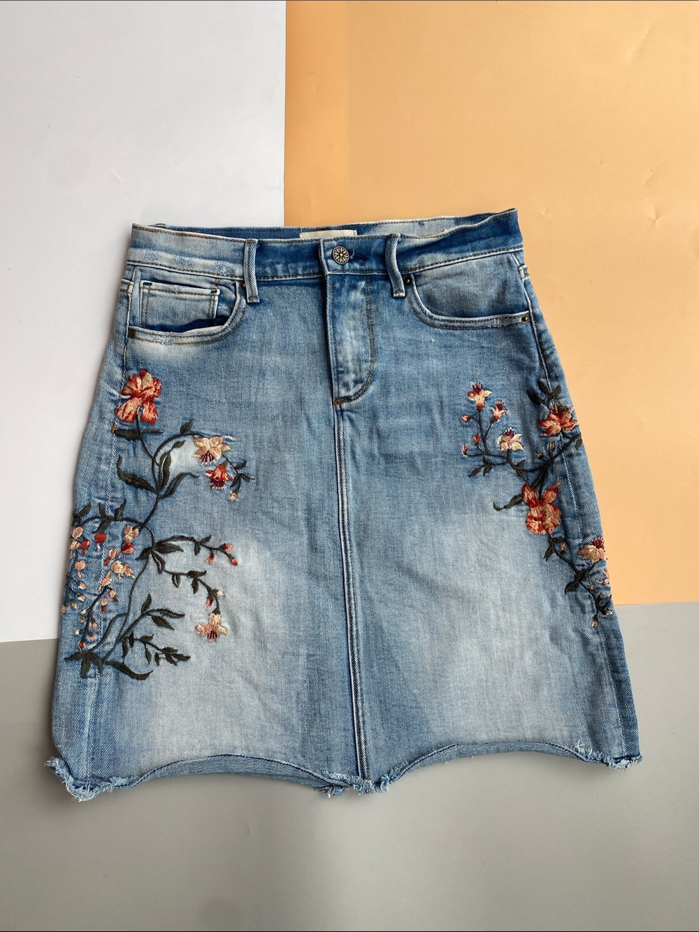 DRIFTWOOD Light Blue Embroidered Denim A-Line Skirt